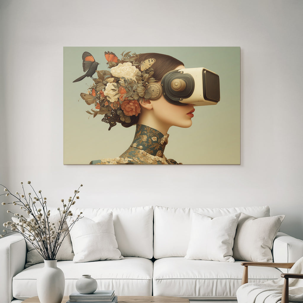 Stylisierte Frau Mit Vintage Virtual Reality Headset Blumen Und Schmetterlinge