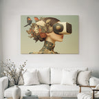 Stylisierte Frau Mit Vintage Virtual Reality Headset Blumen Und Schmetterlinge