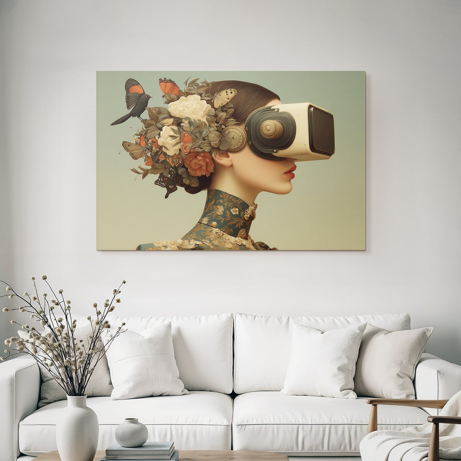 Stylisierte Frau Mit Vintage Virtual Reality Headset Blumen Und Schmetterlinge