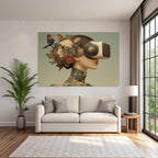 Stylisierte Frau Mit Vintage Virtual Reality Headset Blumen Und Schmetterlinge