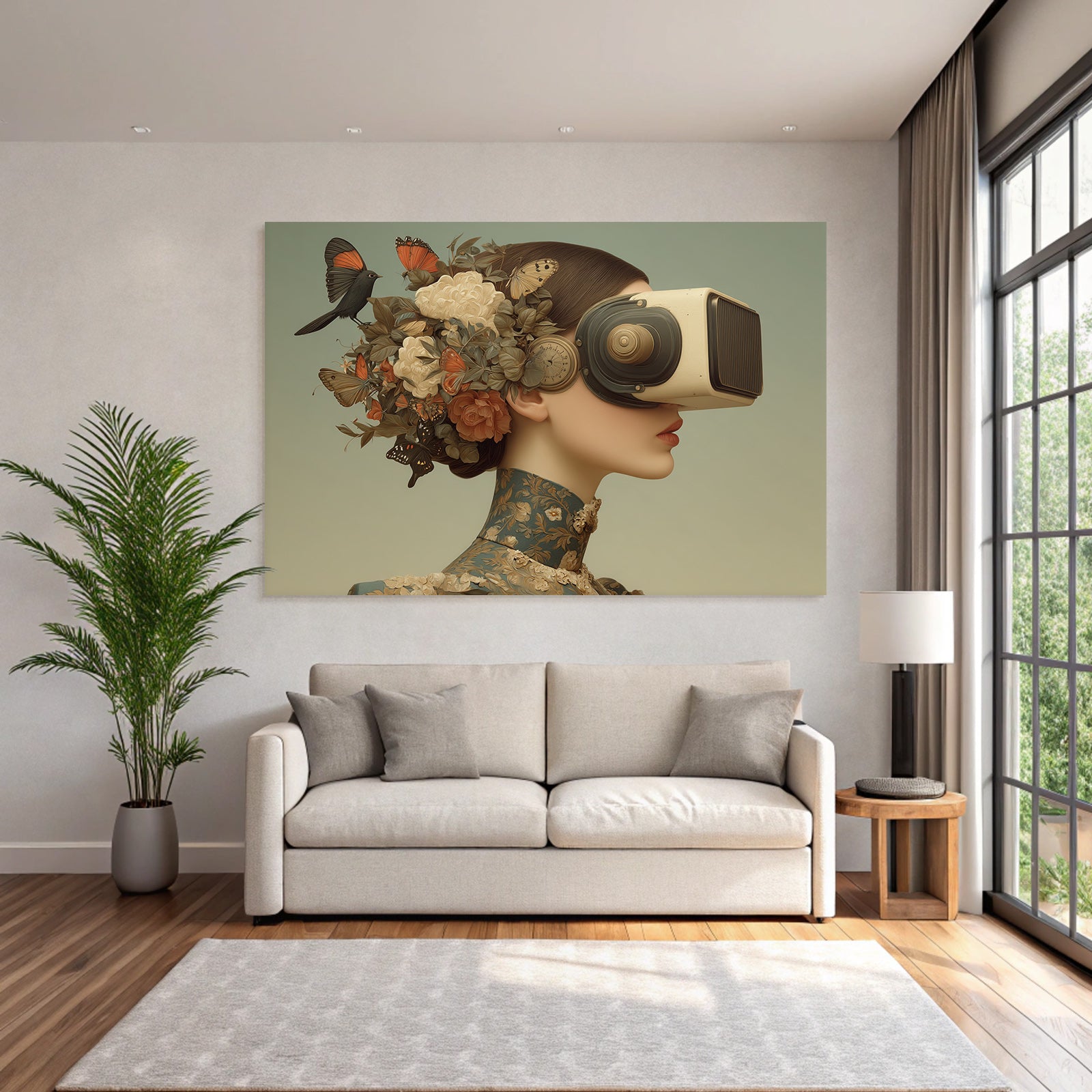 Stylisierte Frau Mit Vintage Virtual Reality Headset Blumen Und Schmetterlinge