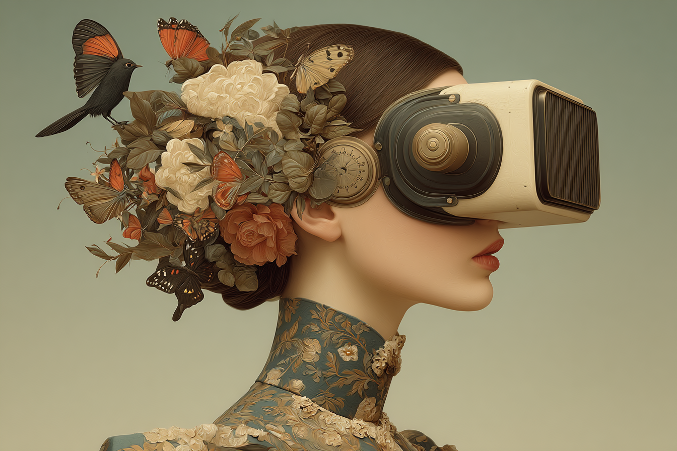 Stylisierte Frau Mit Vintage Virtual Reality Headset Blumen Und Schmetterlinge | Digital Art | Kunstgattungen