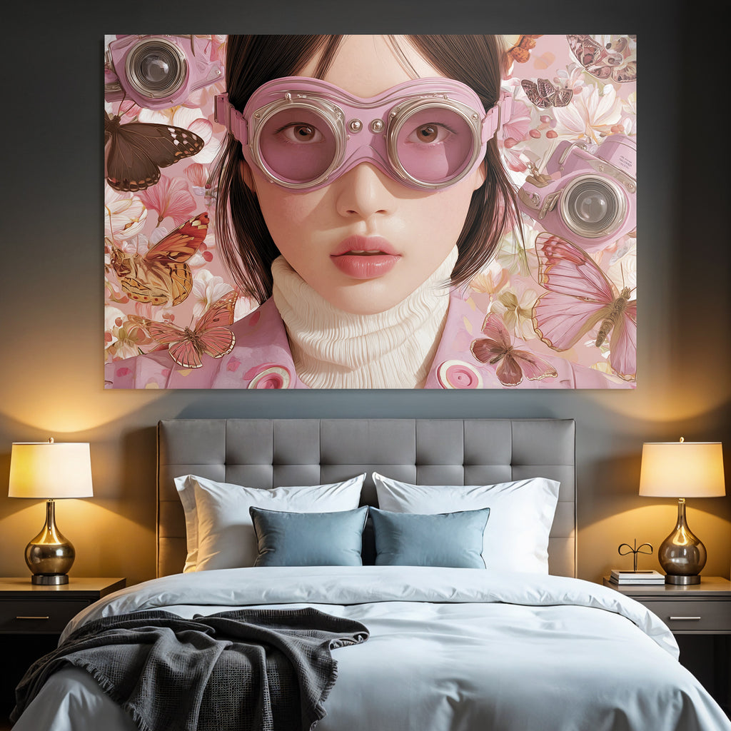 Stylisierte Illustration Person Mit Rosanen Goggles Blumen Und Butterflies