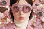 Stylisierte Illustration Person Mit Rosanen Goggles Blumen Und Butterflies | Digital Art | Kunstgattungen