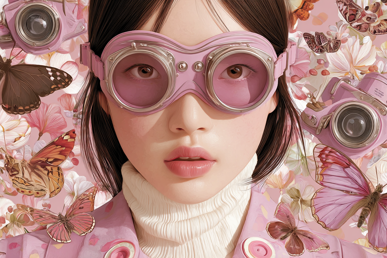 Stylisierte Illustration Person Mit Rosanen Goggles Blumen Und Butterflies | Digital Art | Kunstgattungen