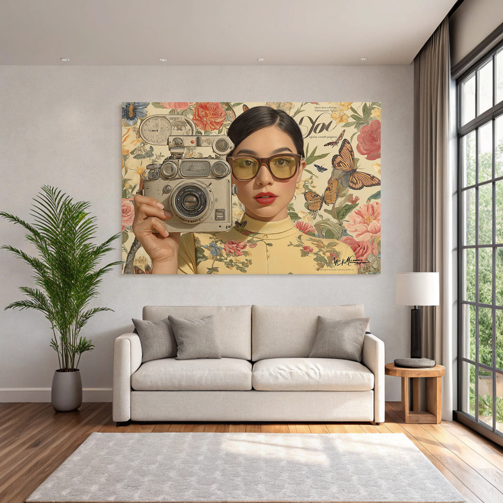 Stylisierte Portraet Einer Person Mit Kamera Blumen Und Freunden