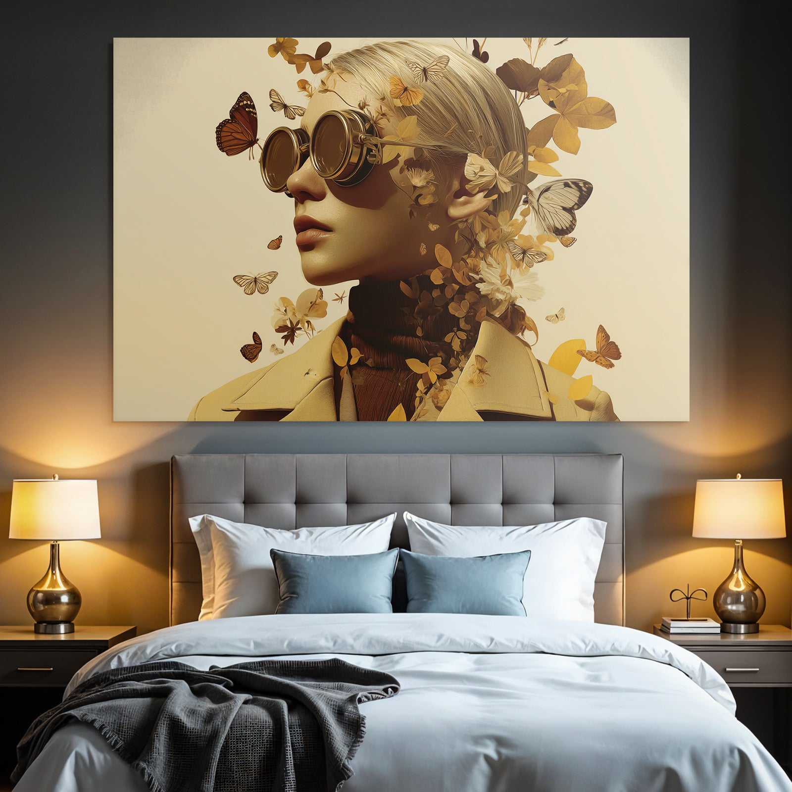 Stylisierte Portrait Runde Sonnenbrille Blumen Und Schmetterlinge