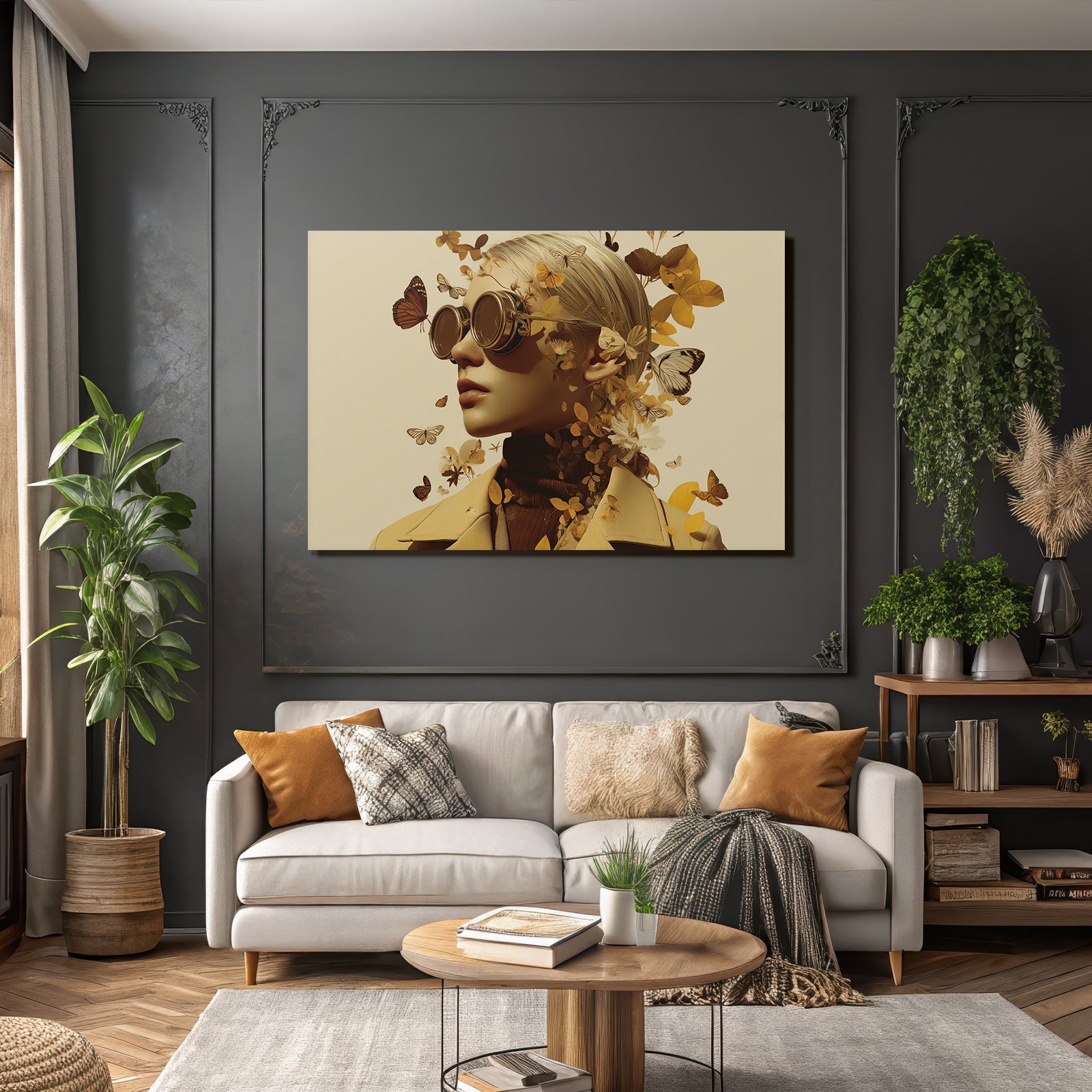 Stylisierte Portrait Runde Sonnenbrille Blumen Und Schmetterlinge