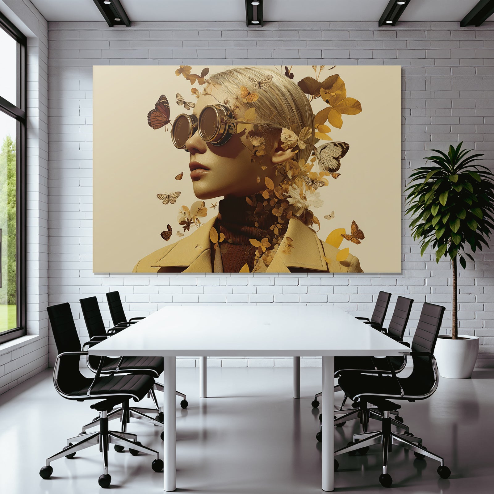 Stylisierte Portrait Runde Sonnenbrille Blumen Und Schmetterlinge