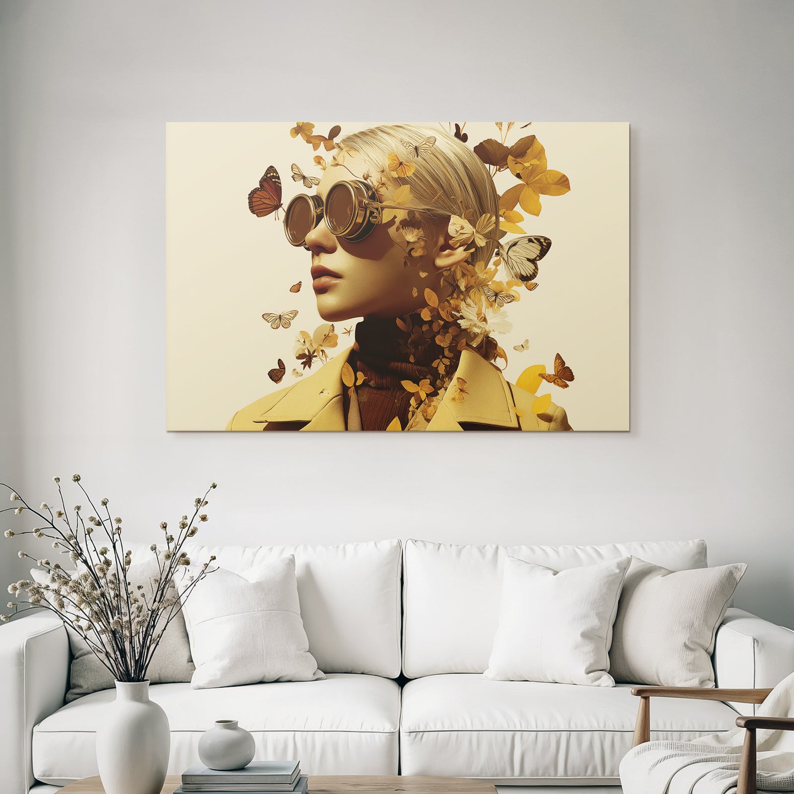 Stylisierte Portrait Runde Sonnenbrille Blumen Und Schmetterlinge