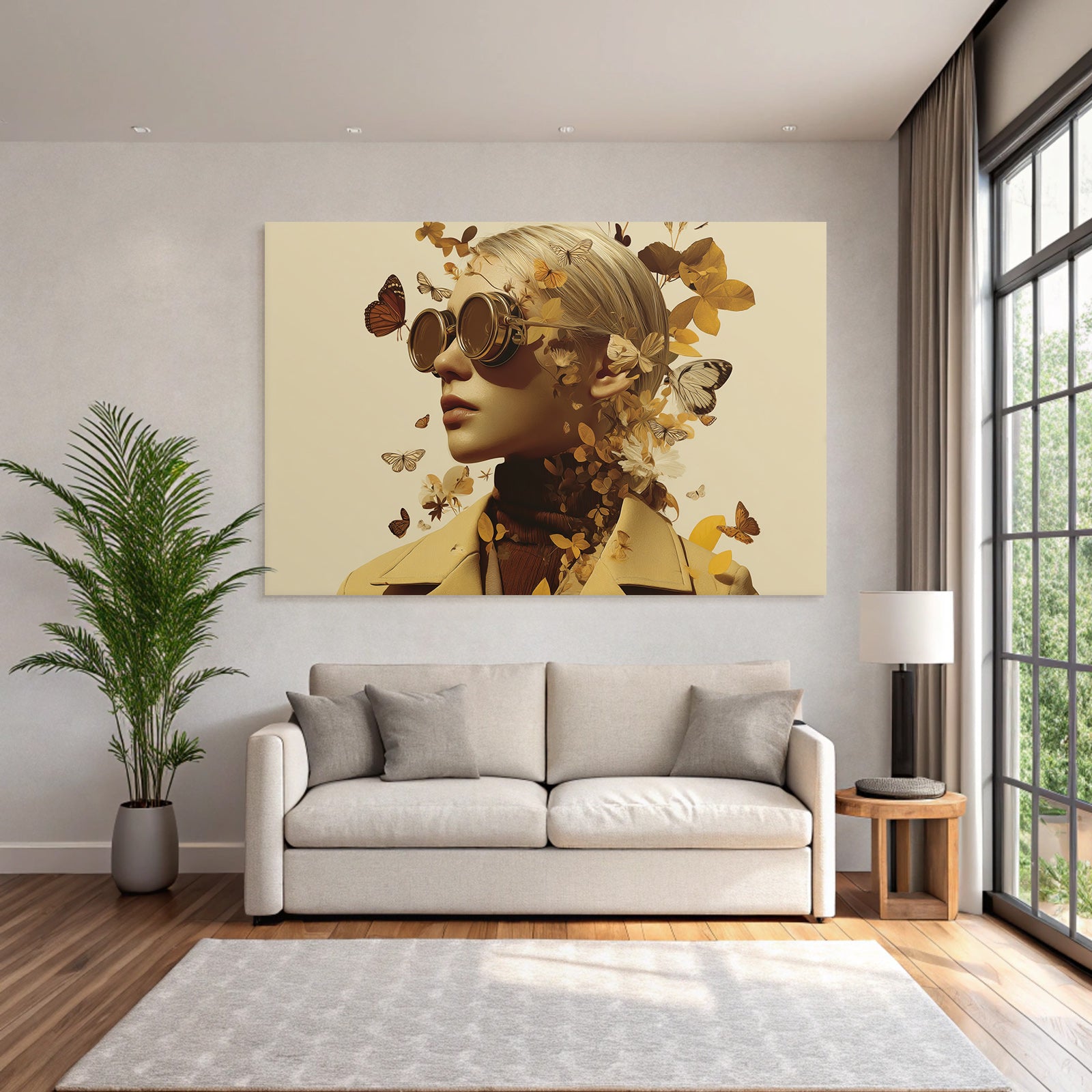 Stylisierte Portrait Runde Sonnenbrille Blumen Und Schmetterlinge