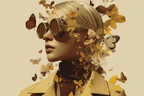 Stylisierte Portrait Runde Sonnenbrille Blumen Und Schmetterlinge | Digital Art | Kunstgattungen
