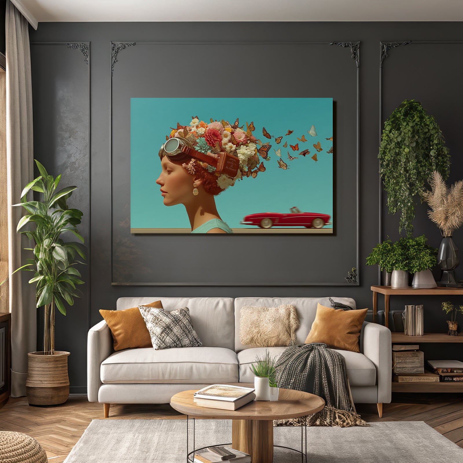 Stylisierte Profil Person Flora Fauna Rote Converted Auto Surrealismus Fantasie