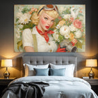Vintage Aesthetik Frau Mit Kamera Blond Locken Rot Schleife Blumen Hintergrund
