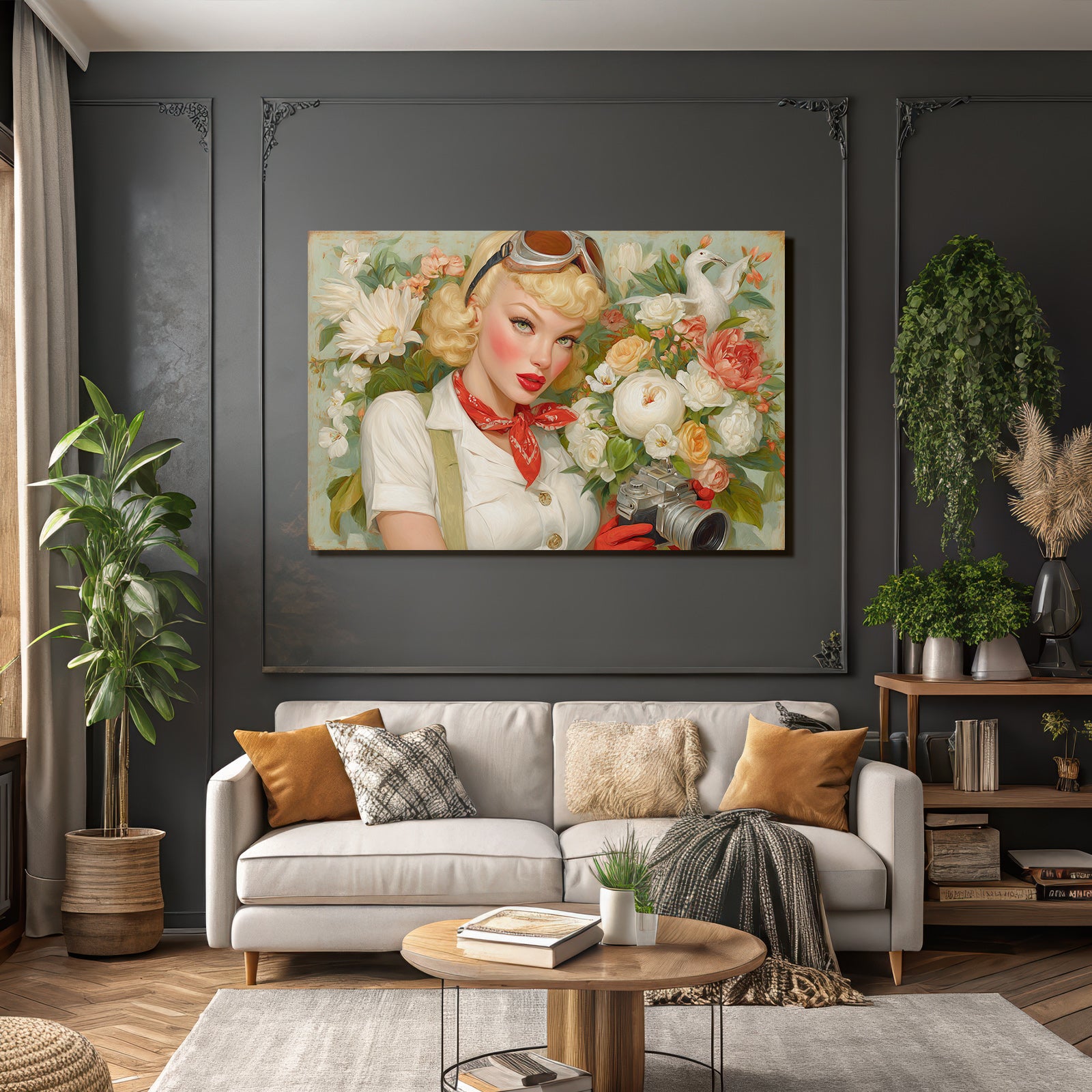 Vintage Aesthetik Frau Mit Kamera Blond Locken Rot Schleife Blumen Hintergrund