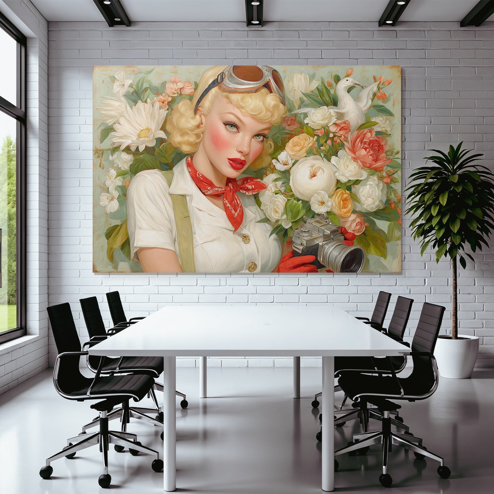 Vintage Aesthetik Frau Mit Kamera Blond Locken Rot Schleife Blumen Hintergrund