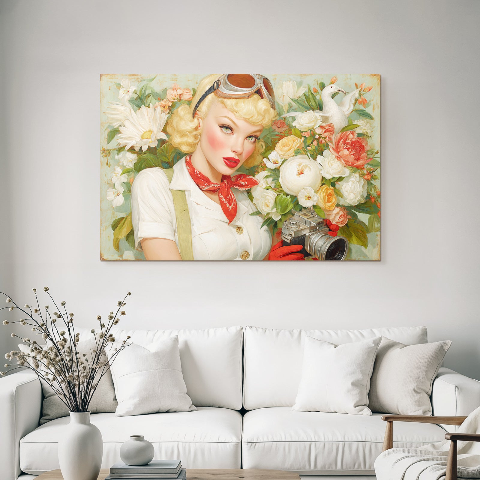 Vintage Aesthetik Frau Mit Kamera Blond Locken Rot Schleife Blumen Hintergrund
