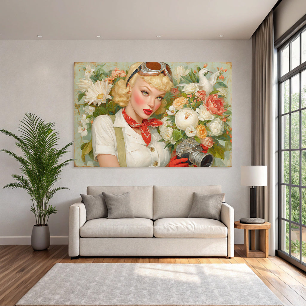 Vintage Aesthetik Frau Mit Kamera Blond Locken Rot Schleife Blumen Hintergrund