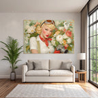 Vintage Aesthetik Frau Mit Kamera Blond Locken Rot Schleife Blumen Hintergrund