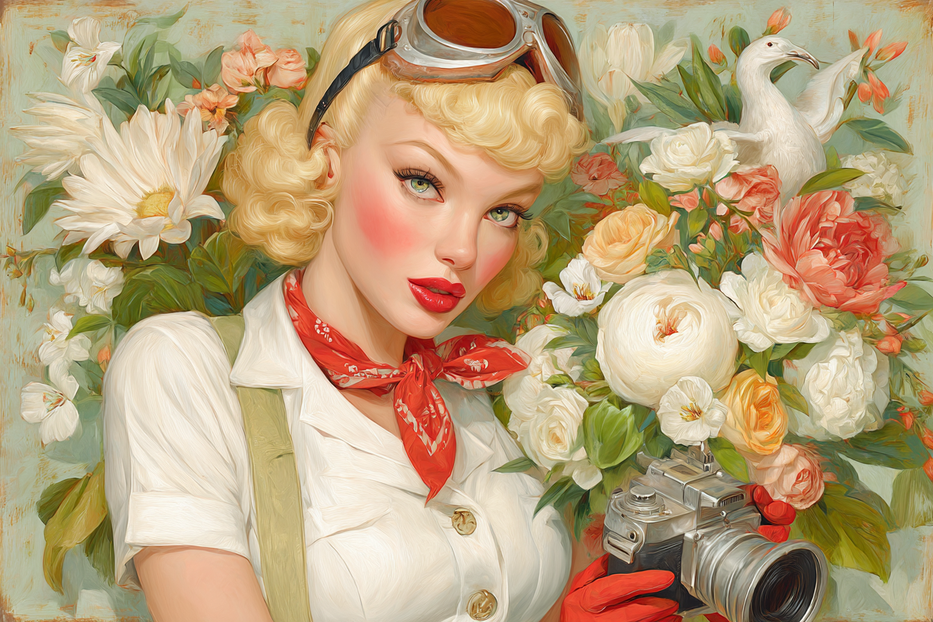 Vintage Aesthetik Frau Mit Kamera Blond Locken Rot Schleife Blumen Hintergrund | Digital Art | Kunstgattungen