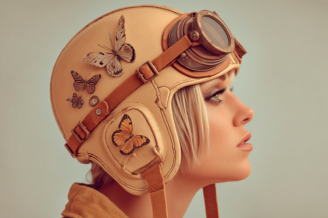 Vintage Aviator Helm Mit Schmetterlings Dekorativ Hintergrund Kunstvolles Bild | Digital Art | Kunstgattungen