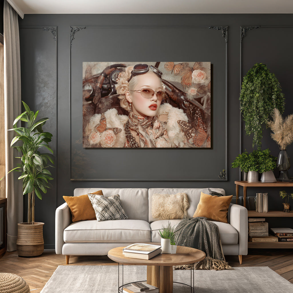 Vintage Portrait Schone Frau Mit Sonnenbrille Schal Und Fellmantel