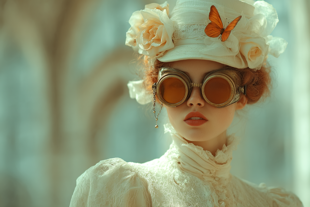 Vintage Stil Outfit Mit Blumenhut Und Goggles Vintage Aesthetic | Digital Art | Kunstgattungen