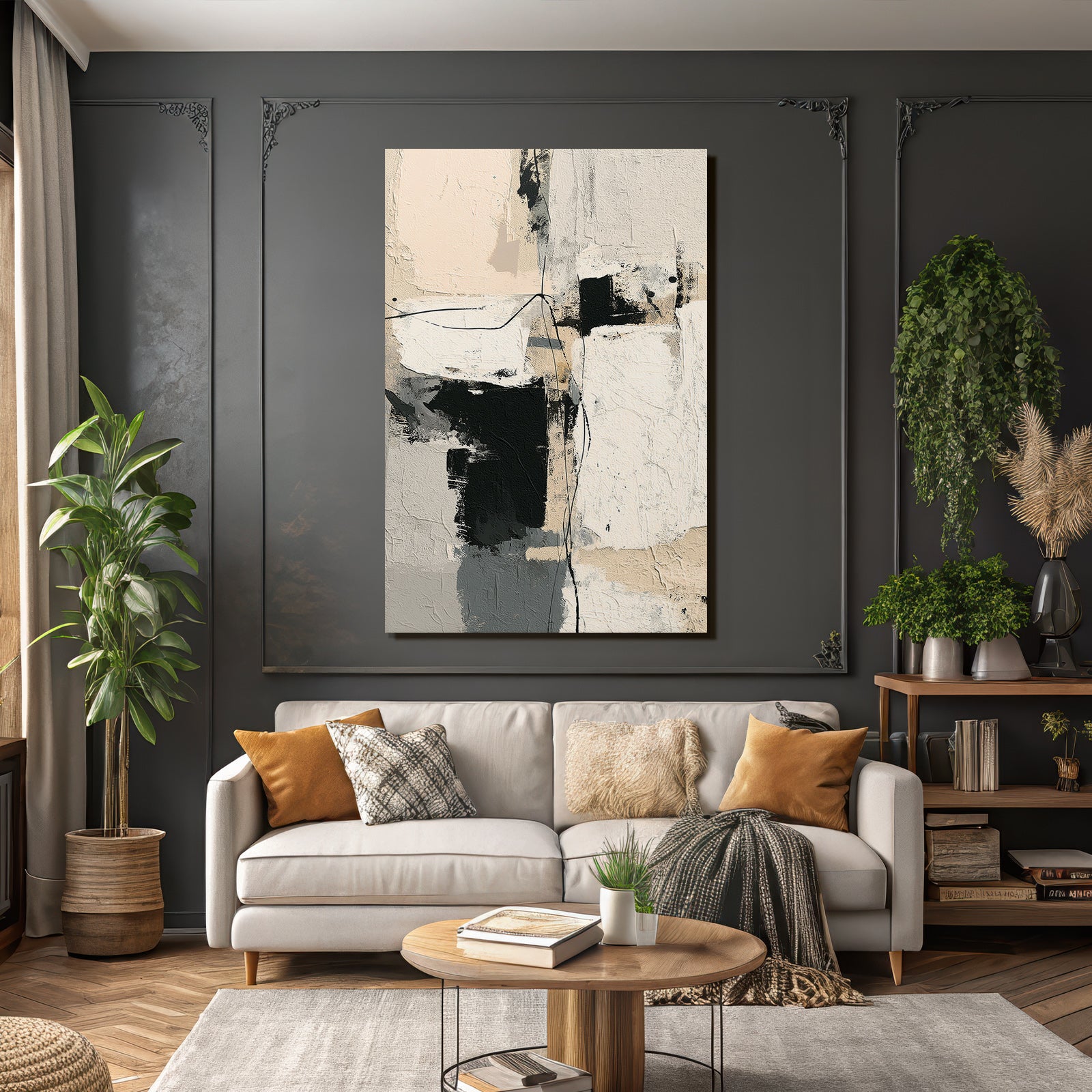 Abstract Kunstwerk Mit Beige Black Und Grau Texturen Und Formen