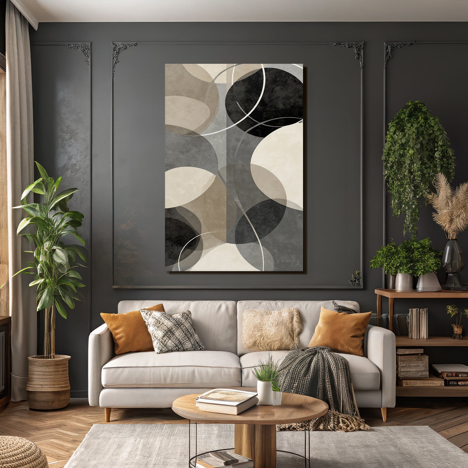 Abstraktes Design Kreis Oval Grau Schwarz Beige Minimalistisch