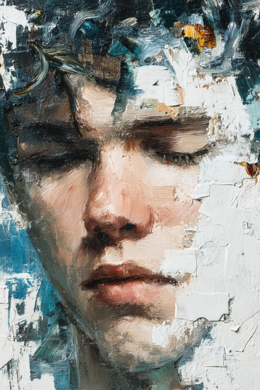 Abstraktes Portraet Mit Geschlossenen Augen Farbenfrohe Buerstenstriche | Fine Art und Malerei | Kunstgattungen