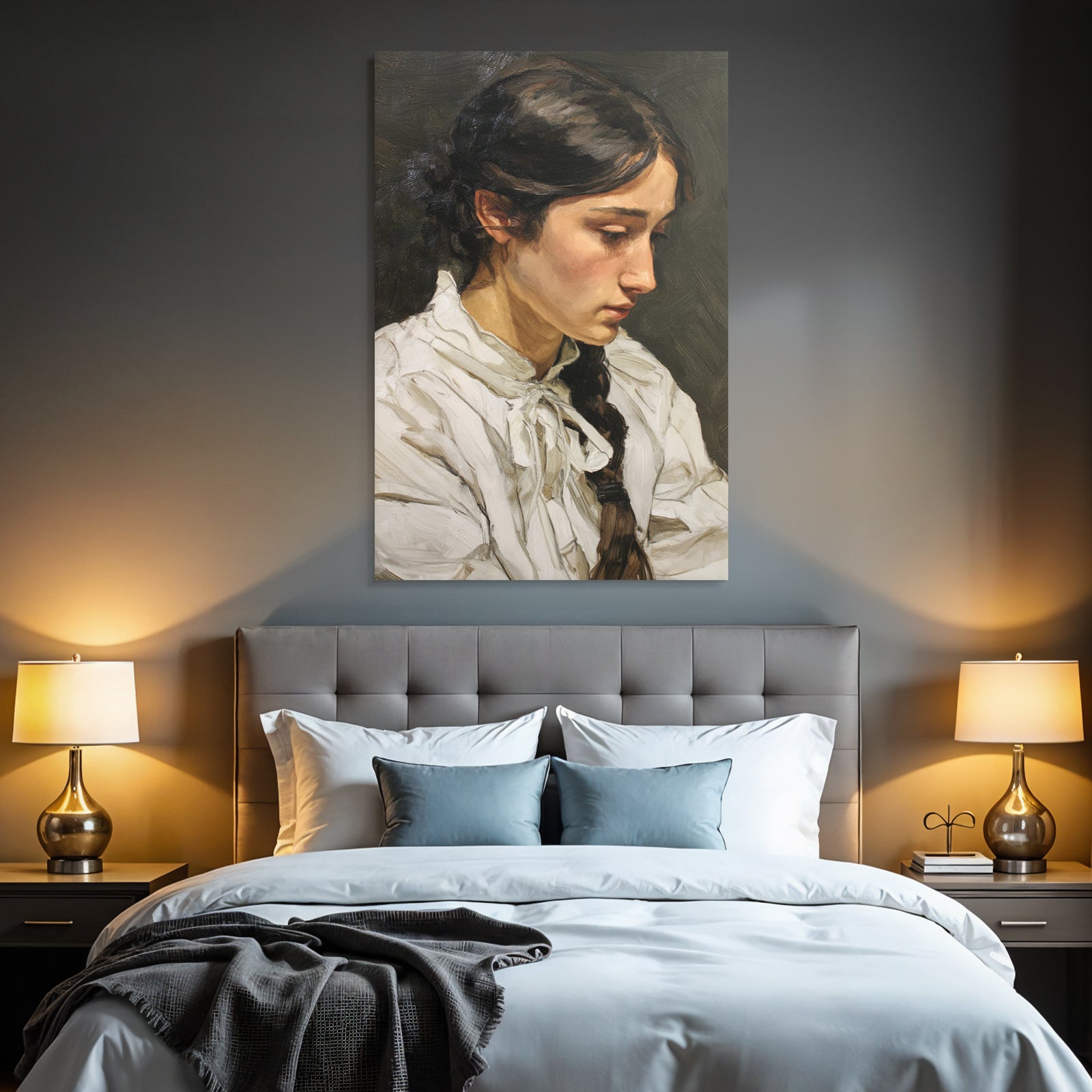 Frau Portrait Profil Geknuepftes Haar Weisse Bluse Mit Schleife