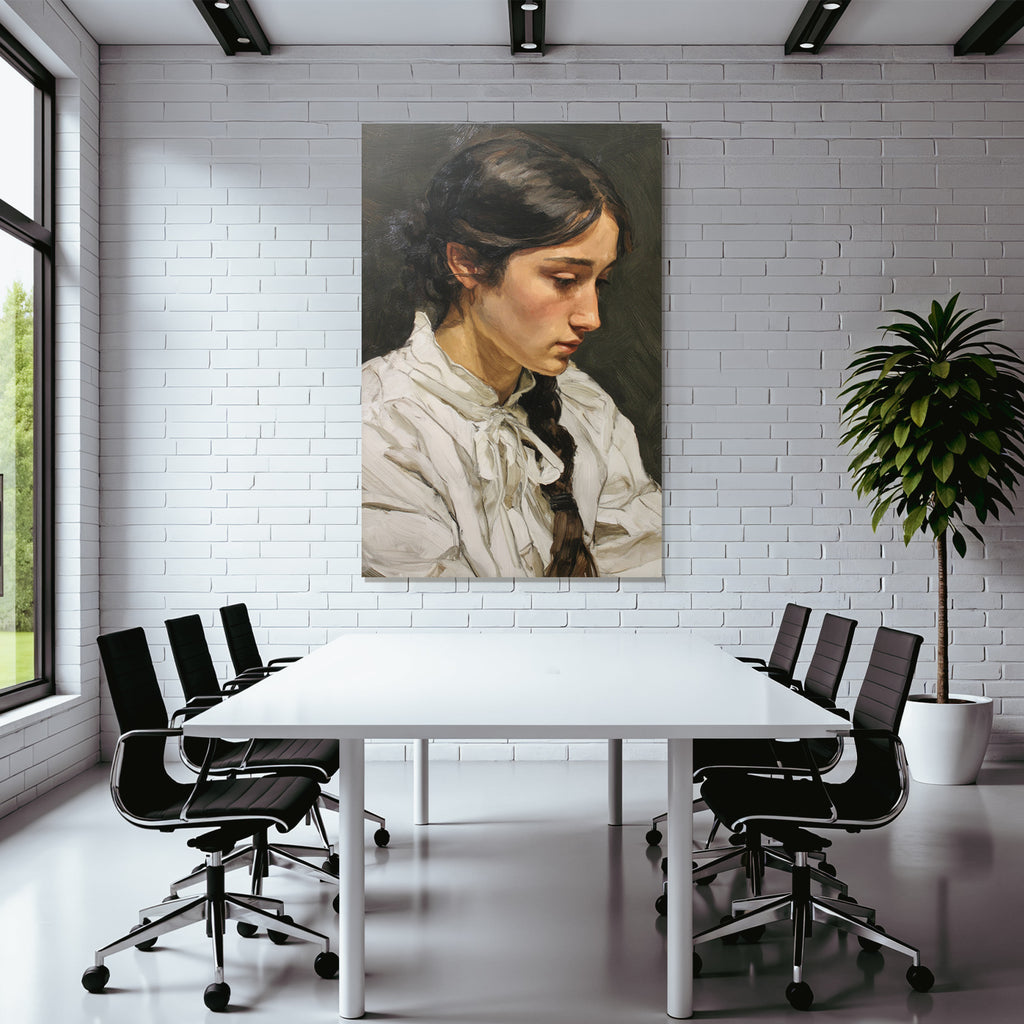 Frau Portrait Profil Geknuepftes Haar Weisse Bluse Mit Schleife