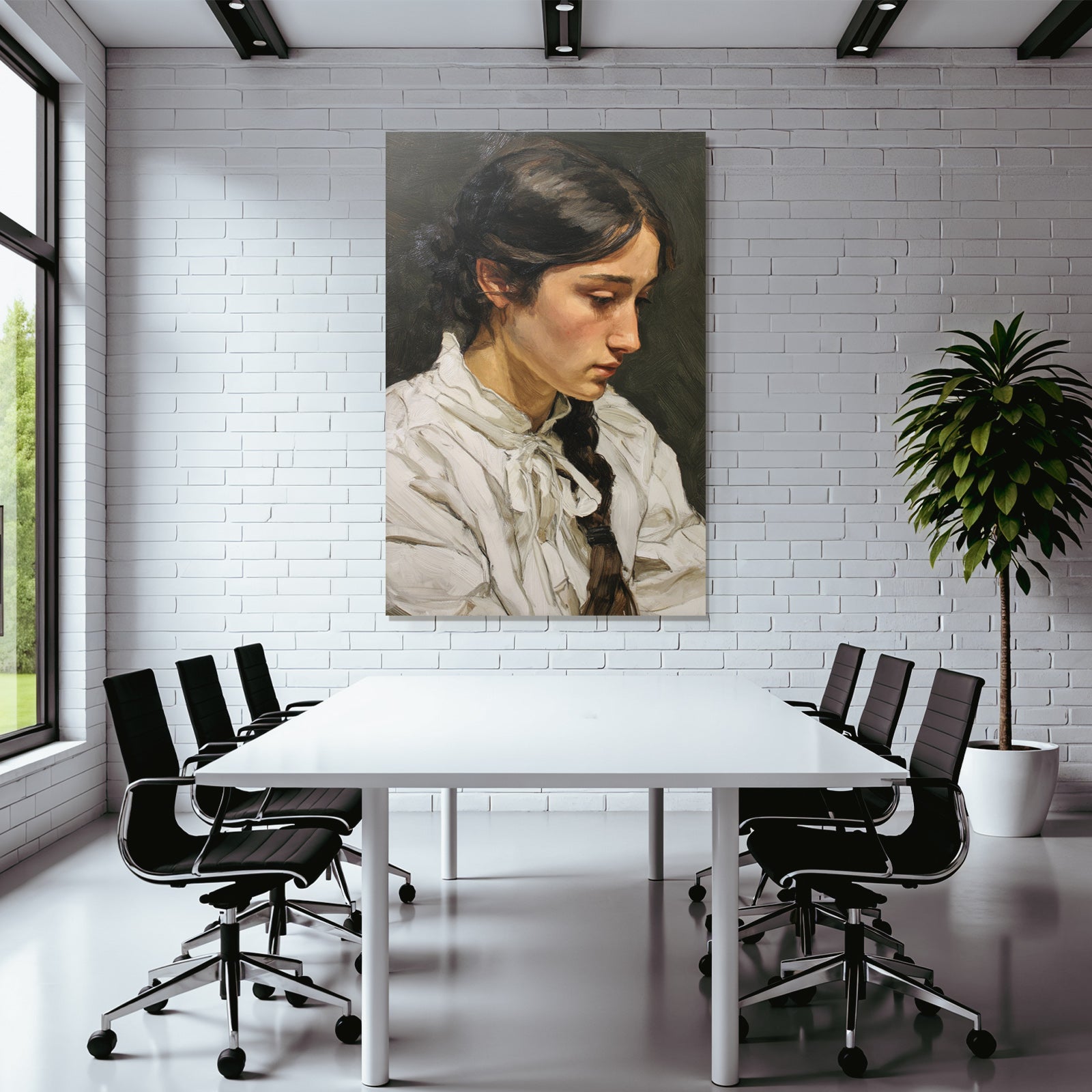 Frau Portrait Profil Geknuepftes Haar Weisse Bluse Mit Schleife