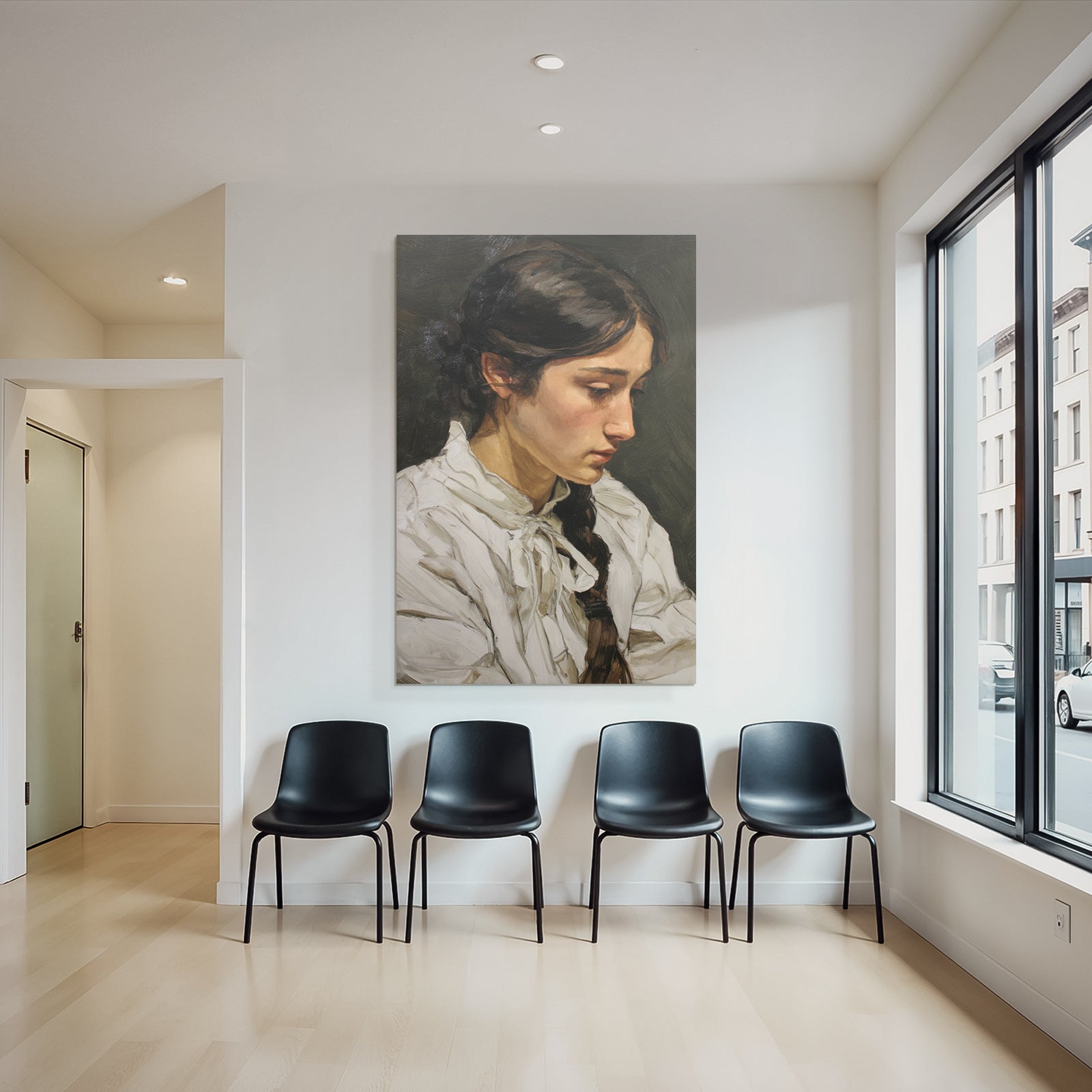 Frau Portrait Profil Geknuepftes Haar Weisse Bluse Mit Schleife