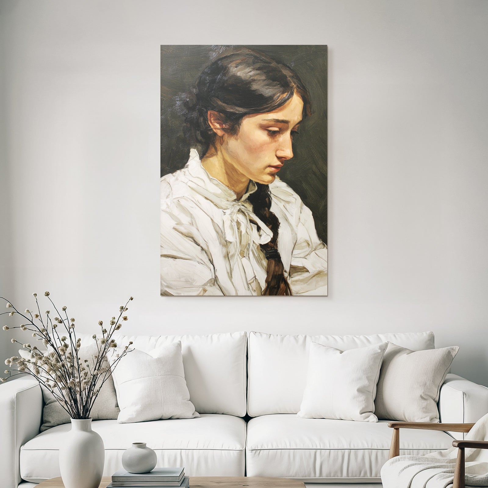 Frau Portrait Profil Geknuepftes Haar Weisse Bluse Mit Schleife
