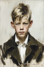 Junger Junge Mit Blonden Haar Im Dunklen Mantel Auf Hellem Hintergrund | Fine Art und Malerei | Kunstgattungen
