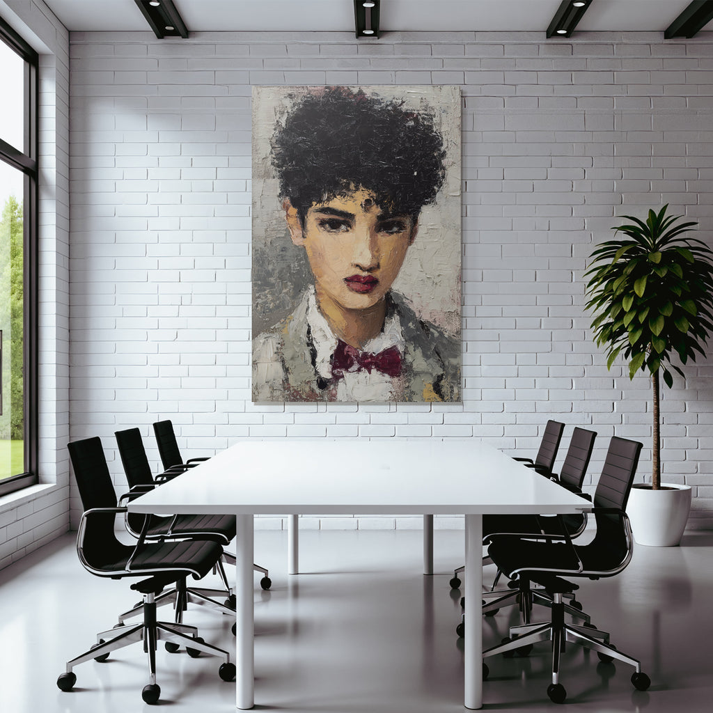 Kuenstlerisches Portraet Eines Jungen Menschen Mit Locken Und Fliege