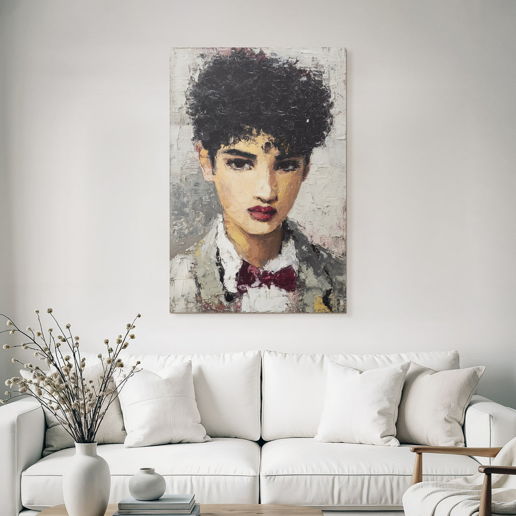 Kuenstlerisches Portraet Eines Jungen Menschen Mit Locken Und Fliege