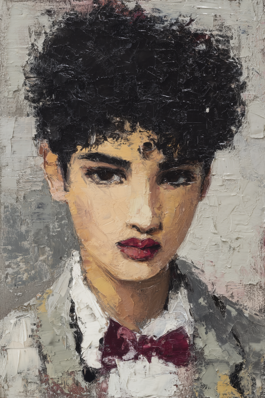 Kuenstlerisches Portraet Eines Jungen Menschen Mit Locken Und Fliege | Fine Art und Malerei | Kunstgattungen
