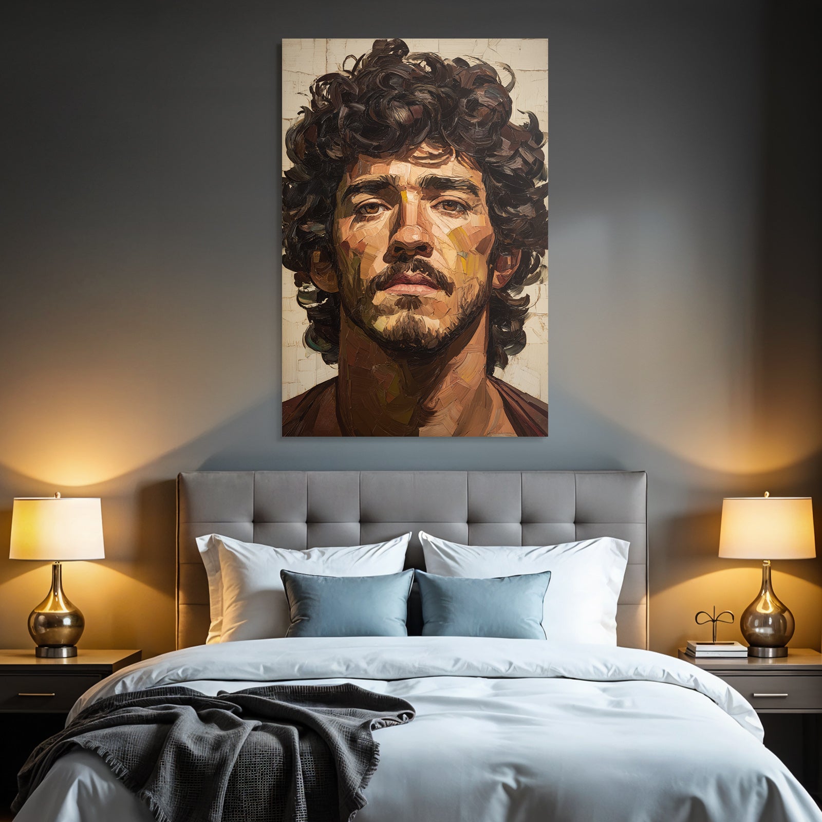 Kuenstlerisches Portrait Eines Mannes Mit Intensivem Blick Und Lockigem Haar