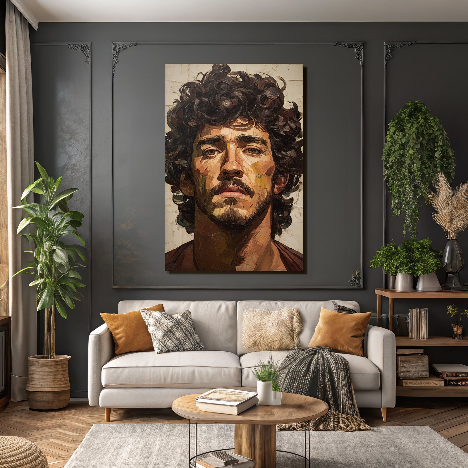 Kuenstlerisches Portrait Eines Mannes Mit Intensivem Blick Und Lockigem Haar