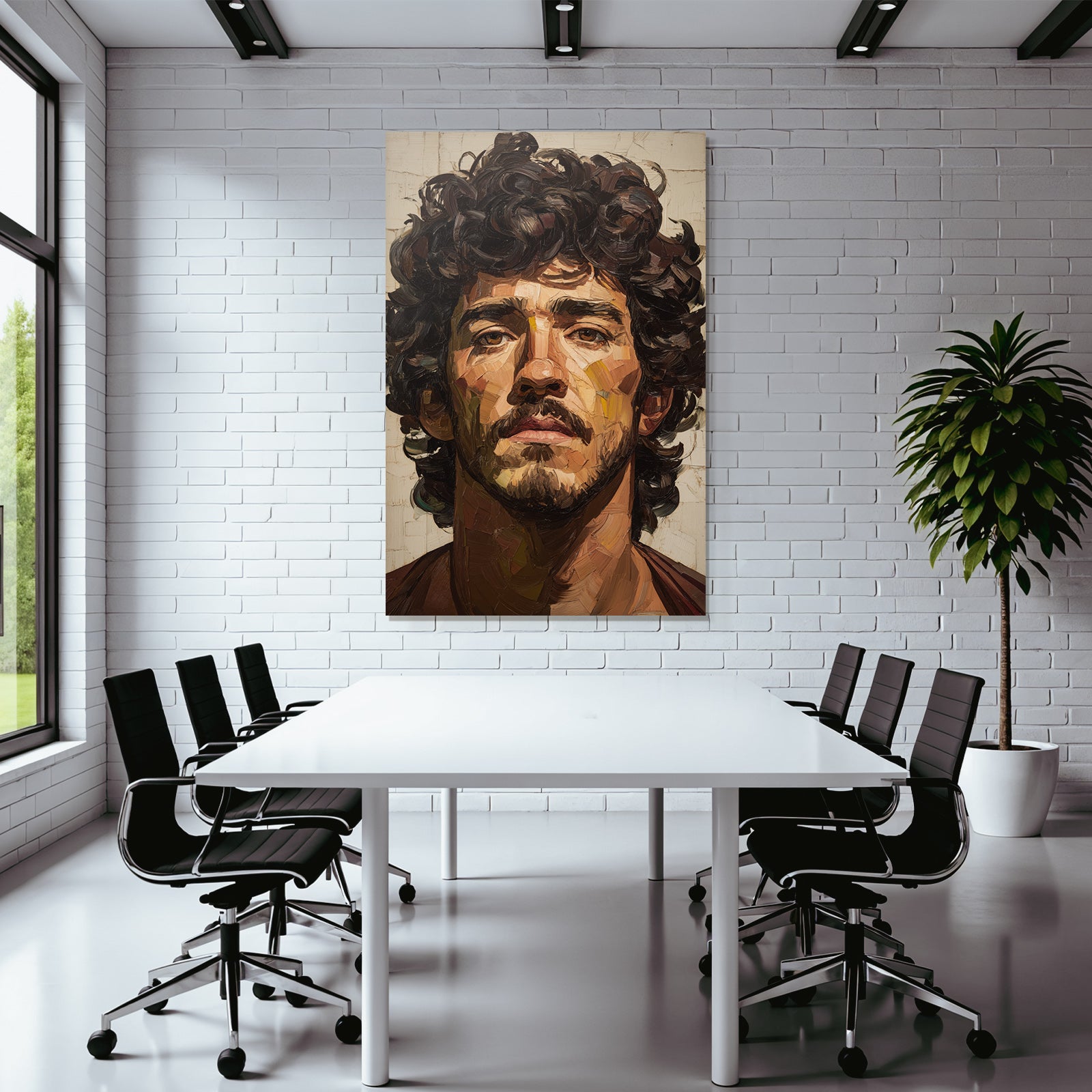 Kuenstlerisches Portrait Eines Mannes Mit Intensivem Blick Und Lockigem Haar