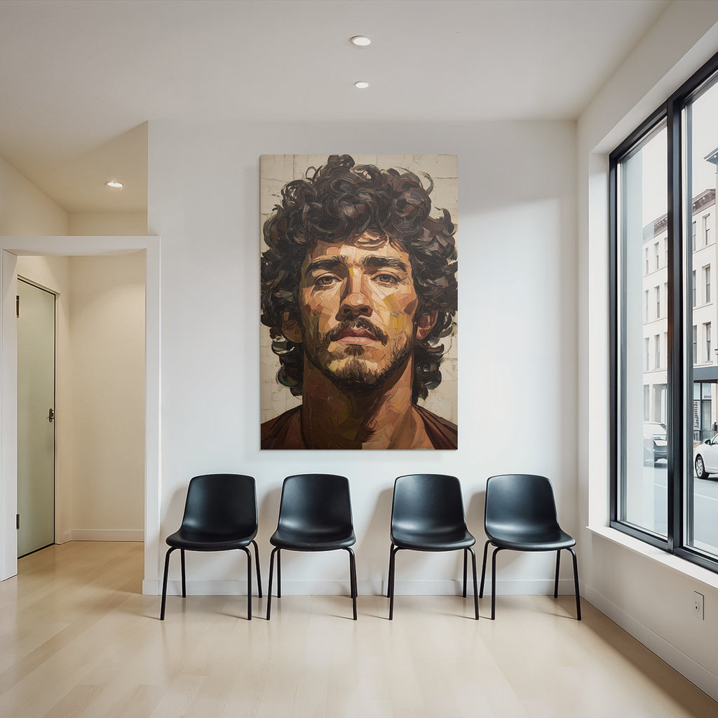 Kuenstlerisches Portrait Eines Mannes Mit Intensivem Blick Und Lockigem Haar