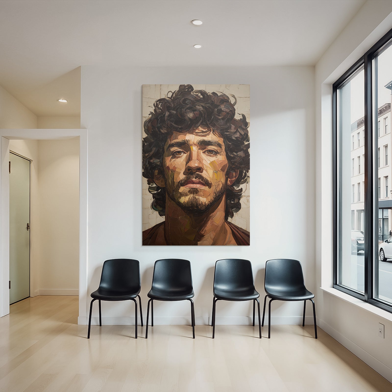Kuenstlerisches Portrait Eines Mannes Mit Intensivem Blick Und Lockigem Haar