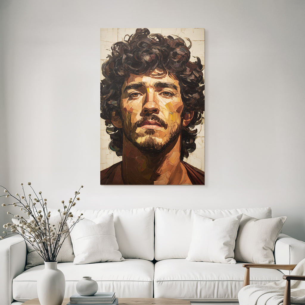 Kuenstlerisches Portrait Eines Mannes Mit Intensivem Blick Und Lockigem Haar