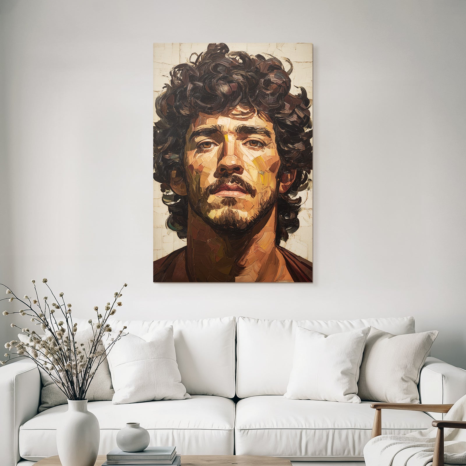 Kuenstlerisches Portrait Eines Mannes Mit Intensivem Blick Und Lockigem Haar