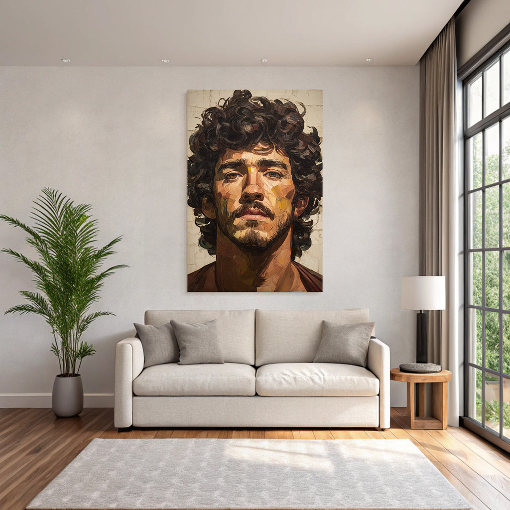 Kuenstlerisches Portrait Eines Mannes Mit Intensivem Blick Und Lockigem Haar