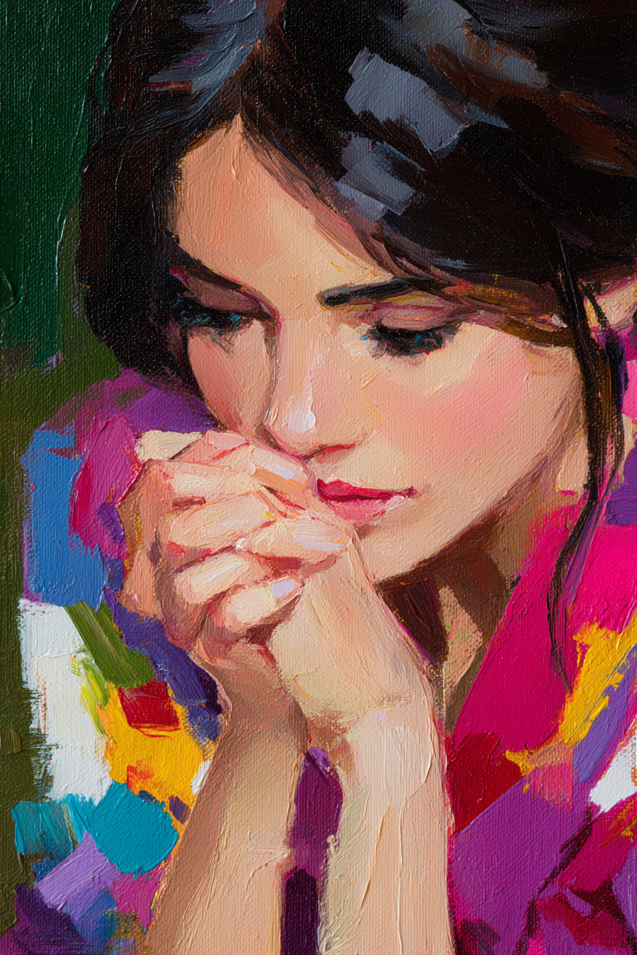 Nachdenkliche Frau Mit Haenden Gemalt Lebendige Farben | Fine Art und Malerei | Kunstgattungen