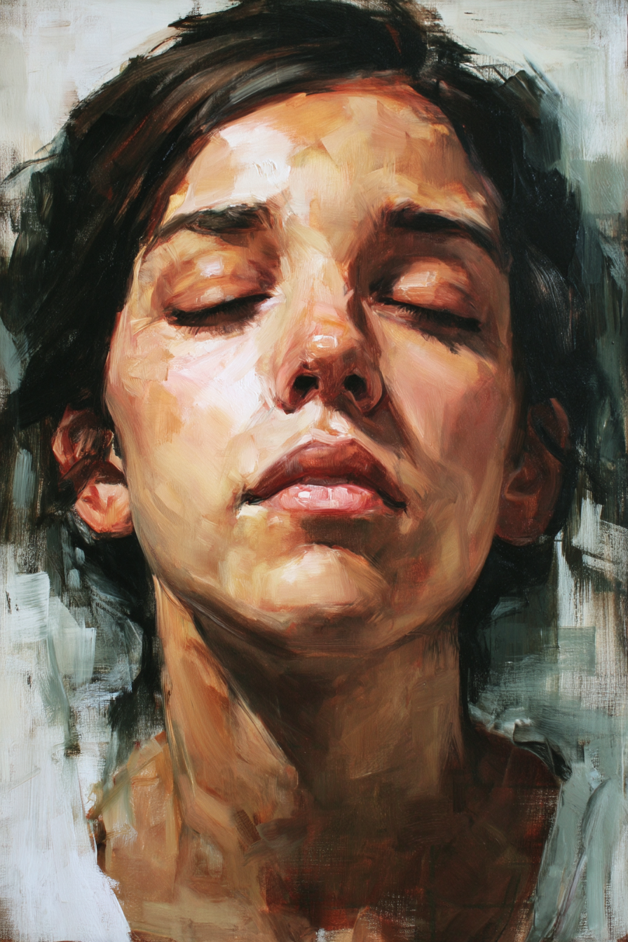 Person Mit Geschlossenen Augen Serene Ausdruck Ausdrucksstarke Pinselstriche | Fine Art und Malerei | Kunstgattungen