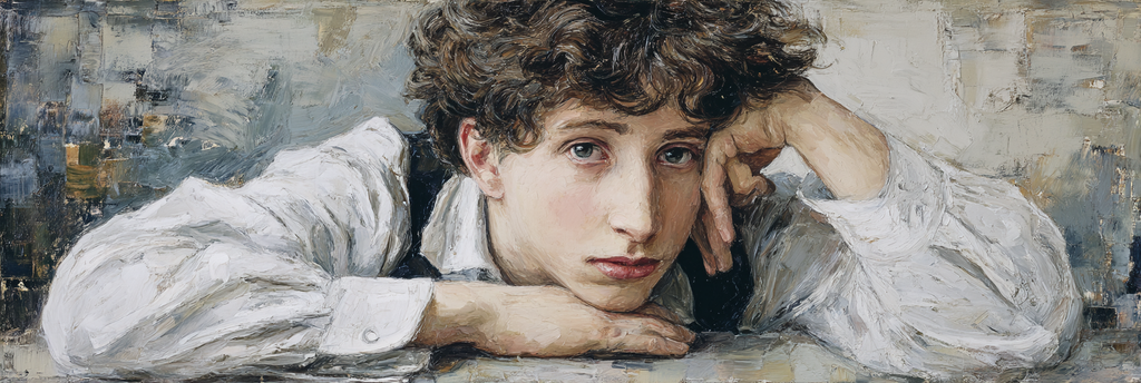Kuenstlerisches Portraet Junge Mit Lockigem Haar Ruhend Haende Unter Kinn | Fine Art und Malerei | Kunstgattungen